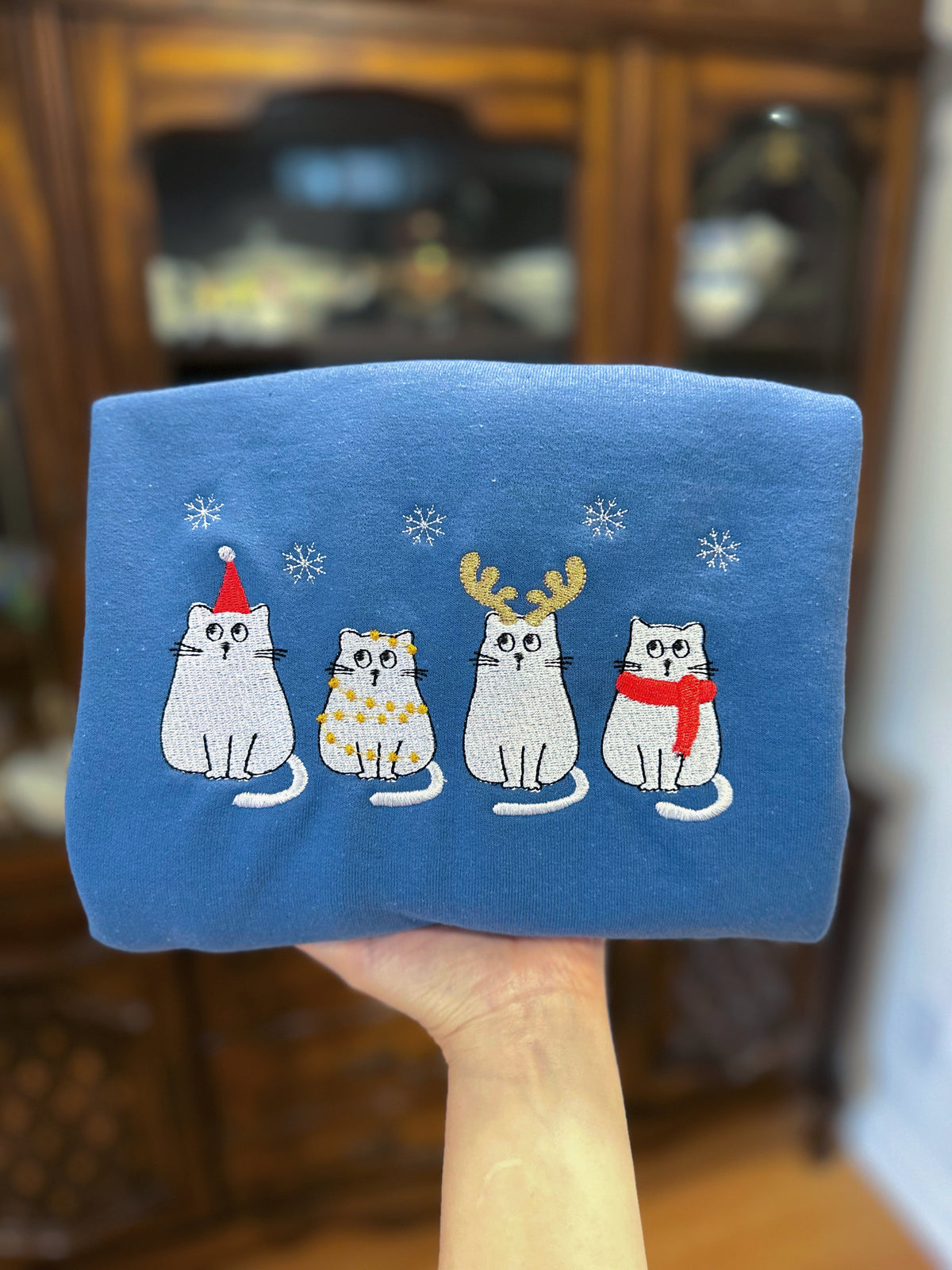 Christmas Cat Embroidered Unisex Crewneck
